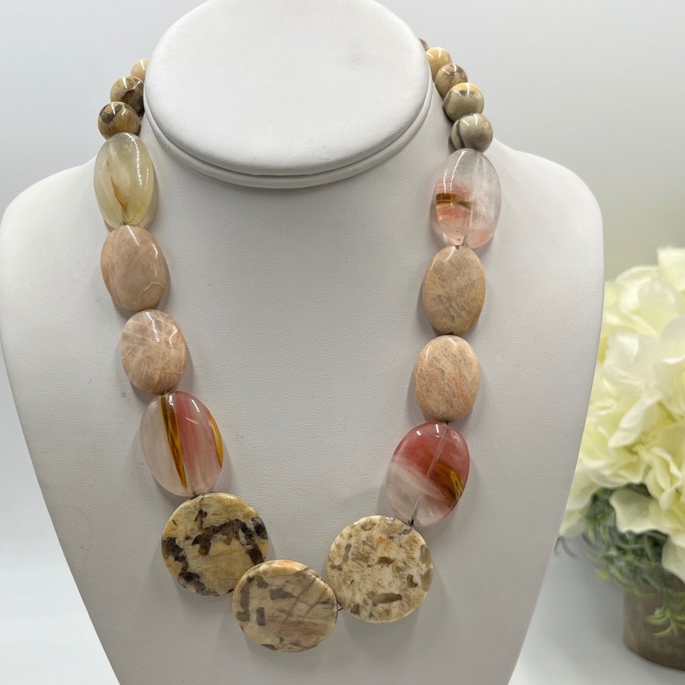 Chunky Natural Stone Beaded Jasper Agate‎ Hematite Toggle Statement Necklace